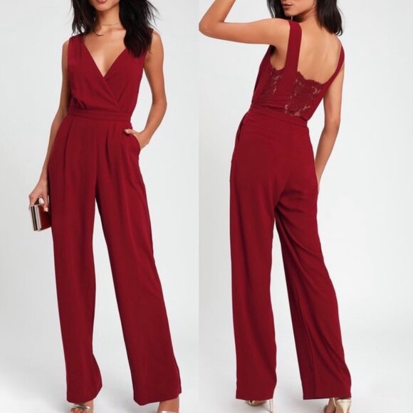Lulus Pants - Lulu's Kiska Burgundy Lace Wide-Leg Jumpsuit Size Medium